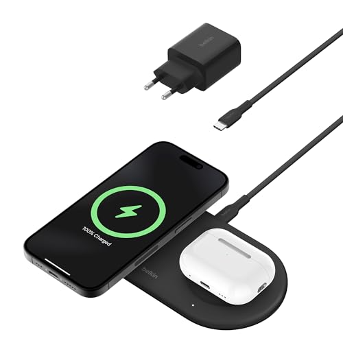 Belkin BoostCharge Pro kabellose 2-in-1-Ladestation mit magnetischem Qi2, 15W, Schnellladegerät, Wireless Charger kompatibel mit iPhone 15, AirPods und MagSafe-fähigen Geräten – Schwarz von Belkin