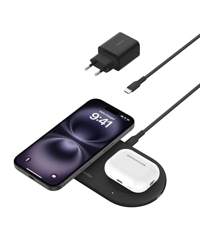 Belkin BoostCharge Pro kabellose 2-in-1-Ladestation mit magnetischem Qi2, 15W, Schnellladegerät, Wireless Charger kompatibel mit iPhone 16/15/14/13/12, AirPods und MagSafe-fähigen Geräten – Schwarz von Belkin