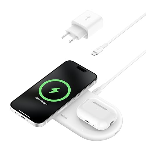 Belkin BoostCharge Pro kabellose 2-in-1-Ladestation mit magnetischem Qi2, 15W, Schnellladegerät, Wireless Charger kompatibel mit iPhone 15, AirPods und MagSafe-fähigen Geräten – Weiß von Belkin