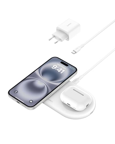 Belkin BoostCharge Pro kabellose 2-in-1-Ladestation mit magnetischem Qi2, 15W, Schnellladegerät, Wireless Charger kompatibel mit iPhone 15, AirPods und MagSafe-fähigen Geräten – Weiß von Belkin