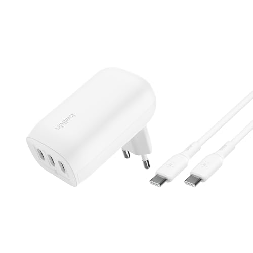 Belkin BoostCharge USB-C-Ladegerät mit DREI Anschlüssen und PPS (67 W), USB-C PD 3.1-fähiges iPhone-Schnellladegerät für die iPhone 16-Serie, 15-Serie, MacBook Pro, AirPods, Galaxy, USB-C/USB-C-Kabel von Belkin