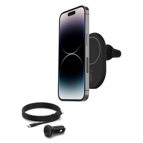 Belkin BoostCharge drahtloser magnetischer Kfz-Telefon-Halter, ladegerät compatibel mit MagSafe-fähigem iPhone 15, 14, 13, 12 und anderen Geräten (inkl. Kabel und Ladegerät) von Belkin