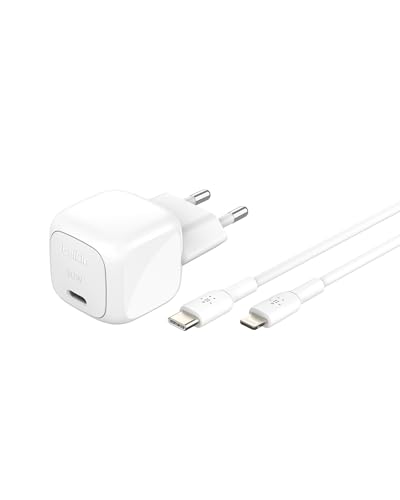 Belkin BoostCharge kompaktes Ladegerät (30 W) für Reisen geeignetes USB-C Power Delivery Schnellladegerät für Apple iPhone, Samsung Galaxy, iPad, AirPods, Tablets, mit USB-C-/Lightning-Kabel – Weiß von Belkin