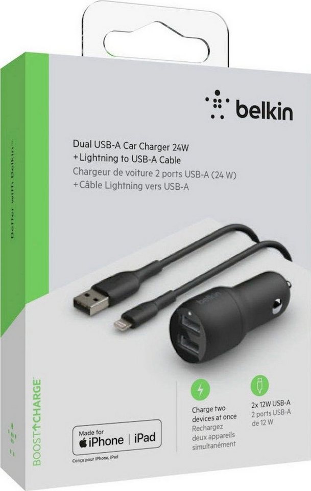 Belkin Dual USB-A Kfz-Ladegerät inkl. Lightning Kabel 1m 24W USB-Ladegerät von Belkin