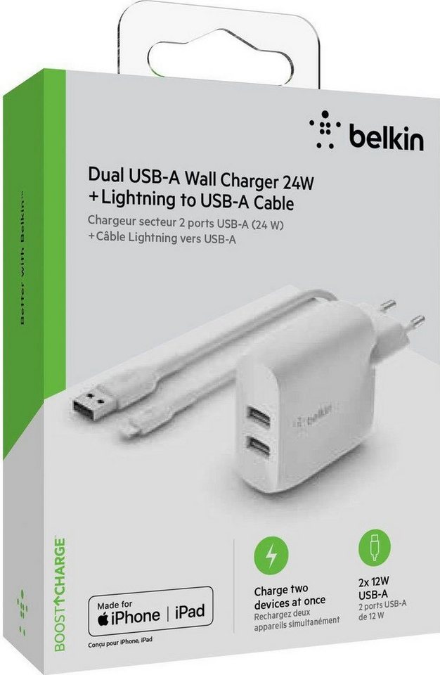Belkin Dual USB-A Ladegerät incl. Lightning Kabel 1m Schnelllade-Gerät von Belkin