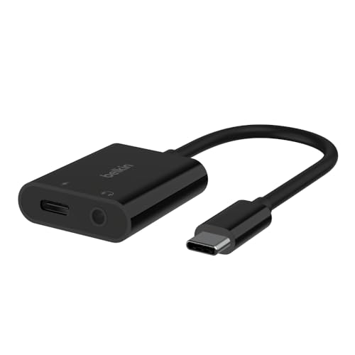 Belkin RockStar™ 3,5-mm-Audio- + USB-C®-Ladeadapter, Kopfhörer-Adapter, Schnellladen mit USB-C Power Delivery, 60 W, u. a. für iPhone 15, iPad Pro, Galaxy, Note, Google Pixel, LG, Sony Xperia, Schwarz von Belkin