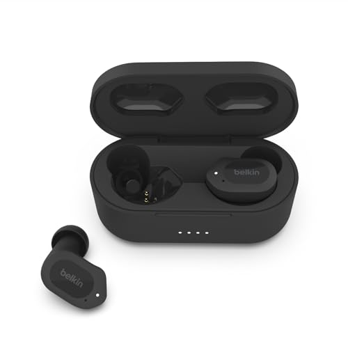 Belkin SOUNDFORM Play True Wireless In-Ear-Kopfhörer, Kopfhörer kabellos, 3 EQ-Voreinstellungen, schweiß- und spritzwasserfest, Schutzart IPX5, 38 Std. Betrieb – Schwarz, One Size, AUC005 von Belkin