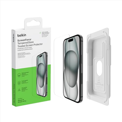 Belkin ScreenForce TemperedGlass antimikrobielle Display-Schutzfolie, Schutzglas für iPhone 15/14 Pro, dünn, kristallklar, kratzfest, inklusive Positionierungsschale für eine blasenfreie Applikation von Belkin