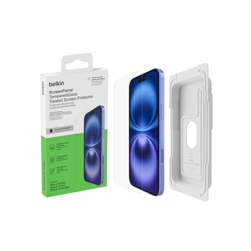 Belkin ScreenForce TemperedGlass antimikrobielle Display-Schutzfolie, Schutzglas für iPhone 15 Plus/14 Pro Max, dünn, kristallklar, kratzfest, Positionierungsschale für eine blasenfreie Applikation von Belkin