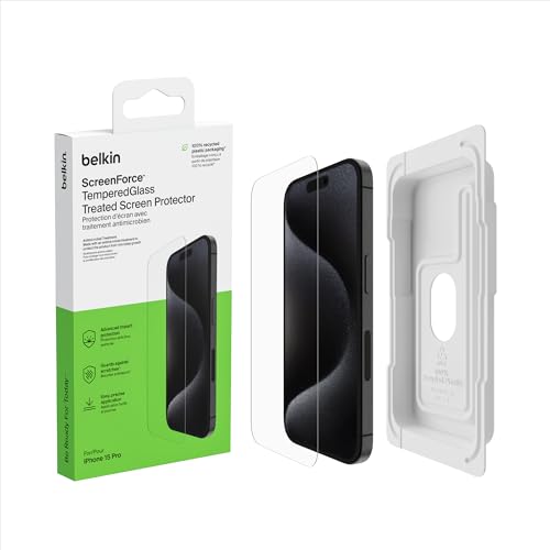 Belkin ScreenForce TemperedGlass antimikrobielle Display-Schutzfolie, Schutzglas für iPhone 15 Pro, dünn, kristallklar, kratzfest, inklusive Positionierungsschale für eine blasenfreie Applikation Belkin ScreenForce TemperedGlass antimikrobielle Display-Schutzfolie, Schutzglas für iPhone 15 Pro, dünn, kristallklar, kratzfest, inklusive Positionierungsschale für eine blasenfreie Applikation von Belkin