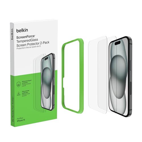 Belkin ScreenForce TemperedGlass antimikrobielle Display-Schutzfolie für iPhone 15, dünn, kristallklar, kratzfest, Positionierungsrahmen für Blasenfreie Applikation, 2er-Pack, Exklusiv bei Amazon von Belkin