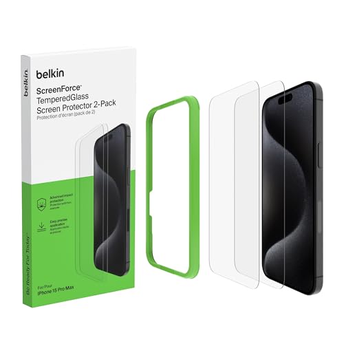 Belkin ScreenForce TemperedGlass antimikrobielle Display-Schutzfolie für iPhone 15 Pro Max, kristallklar, kratzfest, Positionierungsrahmen für Blasenfreie Applikation, 2er-Pack, Exklusiv bei Amazon von Belkin