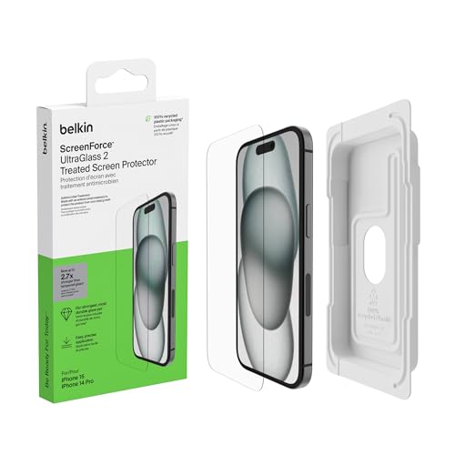 Belkin ScreenForce UltraGlass 2 antimikrobielle iPhone 15, Display-Schutzfolie, kratzfest, dünnes Glas, in Tests bestätigter Härtegrad 9H für iPhone 15/iPhone 14 Pro, blasenfreien Anbringung von Belkin