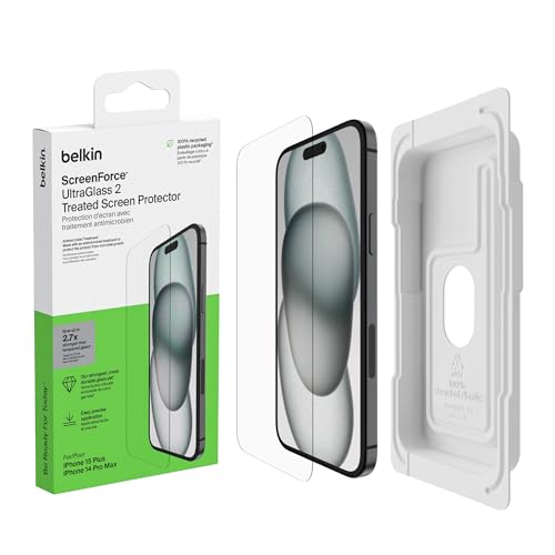 Belkin ScreenForce UltraGlass 2 antimikrobielle iPhone 15 Plus, Display-Schutzfolie, kratzfest, dünnes Glas, in Tests bestätigter Härtegrad 9H für iPhone 15 Plus/14 Pro Max, blasenfreien Anbringung von Belkin