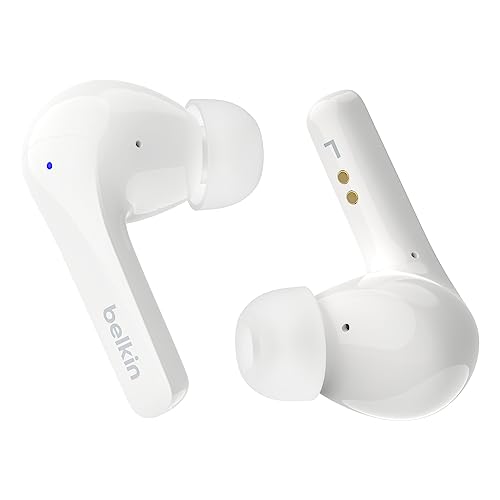 Belkin SoundForm™ Motion True Wireless In-Ear-Kopfhörer, Noise Cancelling, kabelloses Ladecase, 2 Mikrofone, Spritzwasserschutz, Schutzart IPX5, Bluetooth-Earbuds für iPhone, Samsung – Weiß von Belkin