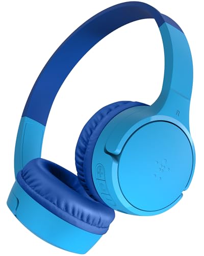Belkin SoundForm Mini kabelloser Kinderkopfhörer mit integriertem Mikrofon und lustigen Aufklebern, 30 Std. Wiedergabe – Over-Ear-Kopfhörer für Unterricht, Ferien, iPhone, iPad, Galaxy – Blau von Belkin