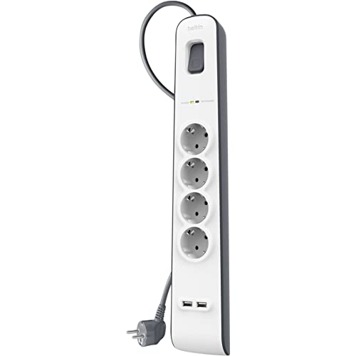 Belkin Surge Plus 4-fach Steckdosenleiste mit Überspannungsschutz (inkl. 2 USB Anschlüsse mit 2,4A, 2m Kabel) weiß/grau, BSV401VF2M von Belkin