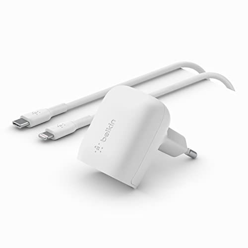 Belkin USB-C Power Delivery Schnellladegerät mit USB-C/Lightning-Kabel,Zertifiziert für PD 3.1 PPS,iPhone 14,Pro,Max,Plus,iPad,Galaxy,Pixel und andere Geräte,20W - Weiß,WCA006vf1MWH-B5,20-W von Belkin