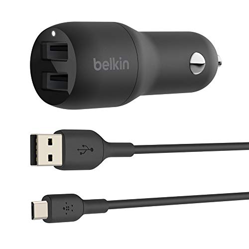 Belkin USB-Kfz-Ladegerät, 24 W, mit 2 Anschlüssen und Micro-USB-Kabel (Boost Charge Dual-Port Kfz-Ladegerät, 2-Port USB-Auto-Ladegerät) Powerbank Kfz-Ladegerät, Kindle Kfz-Ladegerät von Belkin
