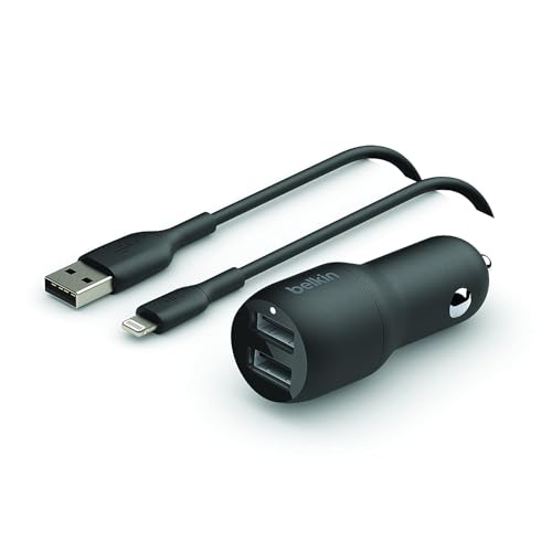 Belkin USB-Kfz-Ladegerät mit 2 Ports, 24 W, Lightning-Kabel (Boost Charge Kfz-Ladegerät, USB-Auto-Ladegerät) iPhone 14/14 Plus, Pro, Pro Max, 13, 12, 11 und ältere Modelle, iPad, AirPods Kfz-Ladegerät von Belkin