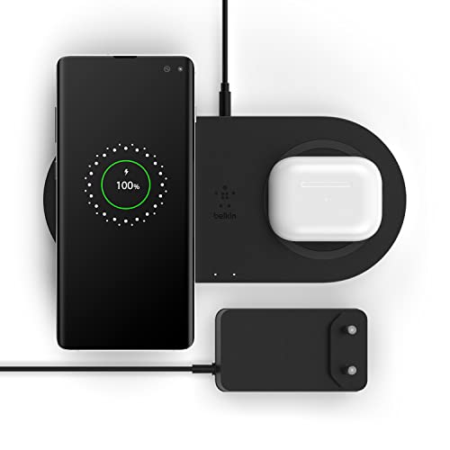 Belkin drahtloses Ladegerät mit zwei Ladepads (drahtloses Doppelladegerät, 10 W, für iPhone 14 Serie, Galaxy S22, S22+, S22 Ultra, Pixel 4, 4XL, AirPods und andere Geräte) von Belkin