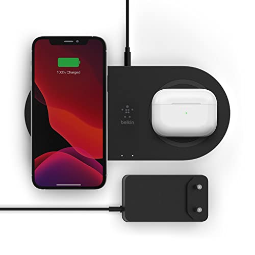 Belkin drahtloses Ladegerät mit zwei Ladepads (drahtloses Doppelladegerät, 15 W) 2 Geräte wie Phone, AirPods, Galaxy und Pixel gleichzeitig und schnell laden – Schwarz von Belkin