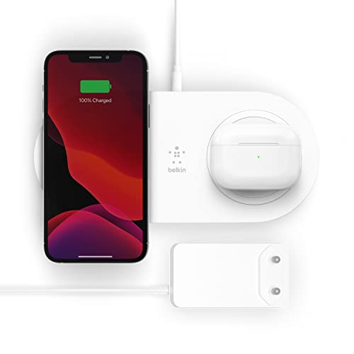 Belkin drahtloses Ladegerät mit zwei Ladepads (drahtloses Doppelladegerät, 15 W) 2 Geräte wie iPhone, AirPods, Galaxy und Pixel gleichzeitig und schnell laden – Weiß von Belkin