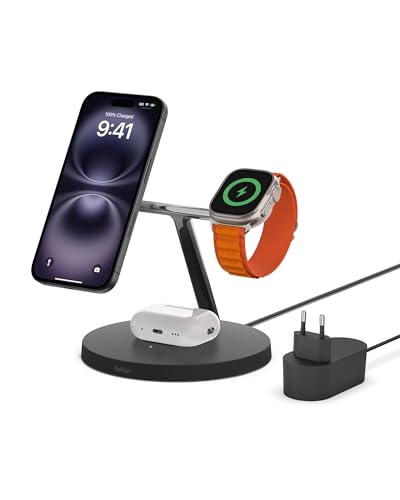 Belkin MagSafe 3-in-1-Wireless-Ladegerät, MagSafe-Ladestation 15 W Schnellladung für iPhone und AppleWatch, Lade-AirPods-Ladestation für iPhone 16, 15, 14, 13, Apple Watch, AirPods Belkin MagSafe 3-in-1-Wireless-Ladegerät, MagSafe-Ladestation 15 W Schnellladung für iPhone und AppleWatch, Lade-AirPods-Ladestation für iPhone 16, 15, 14, 13, Apple Watch, AirPods von Belkin