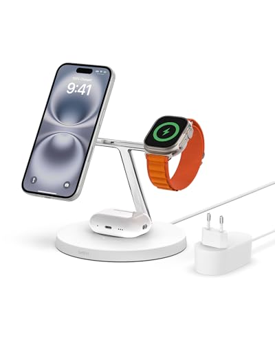 Belkin MagSafe 3-in-1-Wireless-Ladegerät, MagSafe-Ladestation 15 W Schnellladung für iPhone und AppleWatch, Lade-AirPods-Ladestation für iPhone 16, 15, 14, 13, Apple Watch, AirPods von Belkin