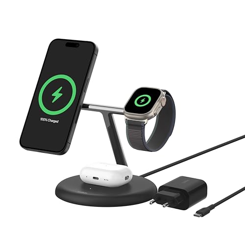 Belkin kabellose 3-in-1-Ladestation mit magnetischem, MagSafe-kompatiblem Qi2, 15 W, Wireless Charger, kompatibel mit den iPhone-Serien 15, 14, 13, AirPods, Apple Watch usw., inkl. Netzteil – Schwarz von Belkin