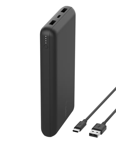 Belkin tragbares USB-C-Ladegerät, 20.000mAh, 20K Powerbank mit USB-C-Ein-/Ausgang und 2 USB-A-Anschlüssen mit USB-C/USB-A-Kabel für iPhone, Galaxy, Pixel, iPad, AirPods und andere Geräte – Schwarz von Belkin