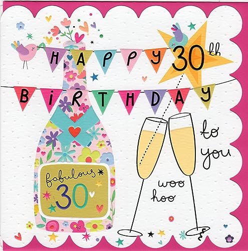 Belly Button Designs Glückwunschkarte zum runden 30. Geburtstag mit Prägung und einfallreich gestaltetem Rand. Die neue Glow-Serie ist farbenfroh gestaltet und mit passendem Umschlag in pink BG054 von Belly Button Designs