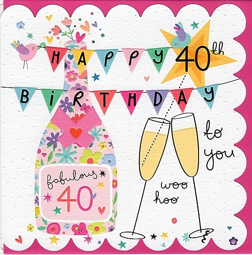 Belly Button Designs Glückwunschkarte zum runden 40. Geburtstag mit Prägung und einfallreich gestaltetem Rand. Die neue Glow-Serie ist farbenfroh gestaltet und mit passendem Umschlag in pink. BG055 von Belly Button Designs