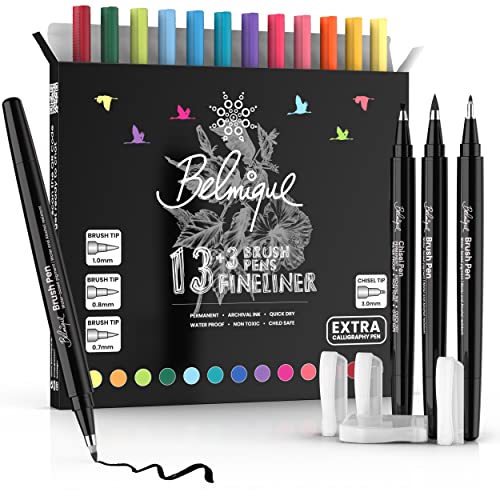 Belmique Fineliner Bunt 16er Set INKL. 4 schwarze Pinselstifte - Handlettering Stifte, Kalligraphie, Zeichnen und Bullet Journal von Belmique