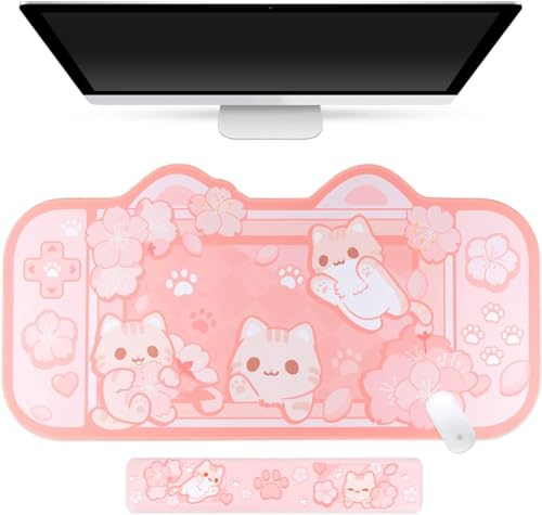 BelugaDesign Sakura Katze Schreibtischunterlage | NS Switch Keyboard Gaming Mat Large Mat Mousepad | Pastellrosa Kawaii niedlicher Anime Schreibtischunterlagenschutz mit Gel-Handgelenkstütze von BelugaDesign