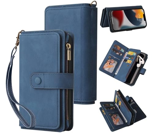 Belzsxy Handyhülle für Samsung Galaxy A40 Hülle,Flip Case Lederhülle Reißverschluss Magnetverschluss Brieftasche mit 15 Kartenfächern Standfuntion Retro Ledertasche-Blau von Belzsxy
