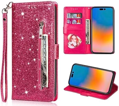 Belzsxy Handyhülle für iPhone 13 Pro Max Hülle,Flip Case Lederhülle Reißverschluss Magnetverschluss Brieftasche mit 3 Kartenfächern Standfuntion Retro Matt Ledertasche,Glitzer Rosenrot Belzsxy Handyhülle für iPhone 13 Pro Max Hülle,Flip Case Lederhülle Reißverschluss Magnetverschluss Brieftasche mit 3 Kartenfächern Standfuntion Retro Matt Ledertasche,Glitzer Rosenrot von Belzsxy