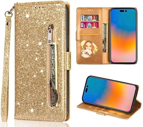Belzsxy Handyhülle für iPhone 14 Plus Hülle,Flip Case Lederhülle Reißverschluss Magnetverschluss Brieftasche mit 3 Kartenfächern Standfuntion Retro Matt Ledertasche,Glitzer Golden Belzsxy Handyhülle für iPhone 14 Plus Hülle,Flip Case Lederhülle Reißverschluss Magnetverschluss Brieftasche mit 3 Kartenfächern Standfuntion Retro Matt Ledertasche,Glitzer Golden von Belzsxy
