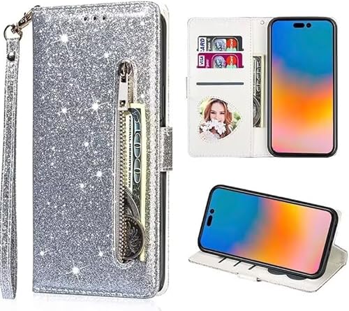 Belzsxy Handyhülle für iPhone 15 Hülle,Flip Case Lederhülle Reißverschluss Magnetverschluss Brieftasche mit 3 Kartenfächern Standfuntion Retro Matt Ledertasche,Glitzer Silber Belzsxy Handyhülle für iPhone 15 Hülle,Flip Case Lederhülle Reißverschluss Magnetverschluss Brieftasche mit 3 Kartenfächern Standfuntion Retro Matt Ledertasche,Glitzer Silber von Belzsxy