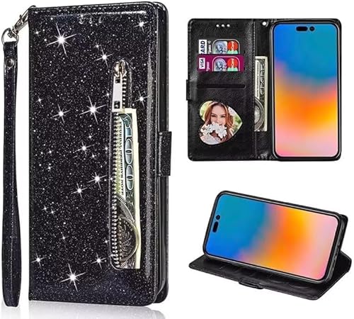 Belzsxy Handyhülle für iPhone 15 Plus Hülle,Flip Case Lederhülle Reißverschluss Magnetverschluss Brieftasche mit 3 Kartenfächern Standfuntion Retro Matt Ledertasche,Glitzer Schwarz Belzsxy Handyhülle für iPhone 15 Plus Hülle,Flip Case Lederhülle Reißverschluss Magnetverschluss Brieftasche mit 3 Kartenfächern Standfuntion Retro Matt Ledertasche,Glitzer Schwarz von Belzsxy