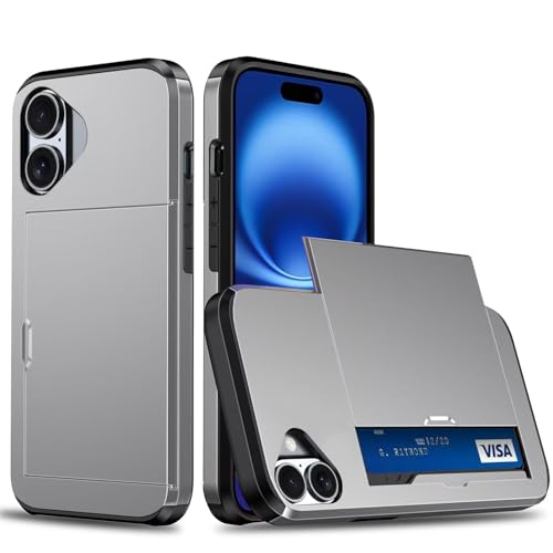 Belzsxy Handyhülle für iPhone 16 Hülle, mit Kartenfach, Harte PC Stoßfest Robust Fallschutz Outdoor Militär Schutzhülle für iPhone 16 (Grau) von Belzsxy