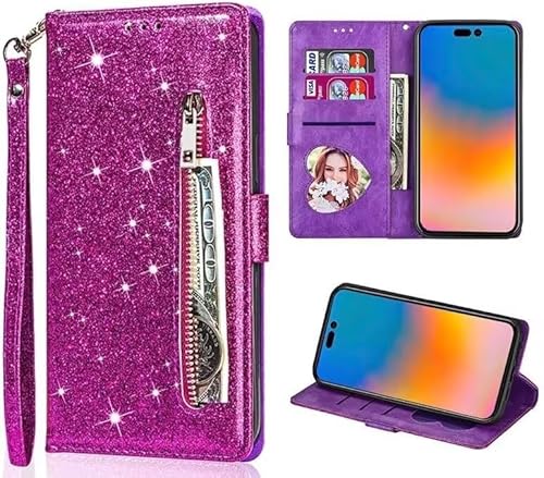 Belzsxy Handyhülle für iPhone 16 Pro Hülle,Flip Case Lederhülle Reißverschluss Magnetverschluss Brieftasche mit 3 Kartenfächern Standfuntion Retro Matt Ledertasche,Glitzer Violett Belzsxy Handyhülle für iPhone 16 Pro Hülle,Flip Case Lederhülle Reißverschluss Magnetverschluss Brieftasche mit 3 Kartenfächern Standfuntion Retro Matt Ledertasche,Glitzer Violett von Belzsxy