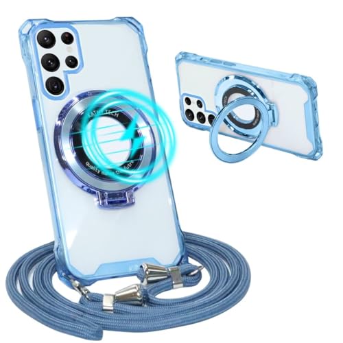 Belzsxy Magnetische Handykette für Samsung Galaxy S22 Ultra mit Band [Kompatibel mit Mag-Safe] Kameraschutz Galvanik Transparent Silikon Case Abnehmbar Kordel zum Umhängen Handyhülle Schutzhülle,blau von Belzsxy