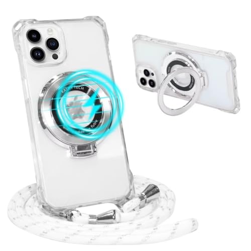 Belzsxy Magnetische Handykette für iPhone 13 Pro mit Band [Kompatibel mit Mag-Safe] Kameraschutz Galvanik Transparent Silikon Case Abnehmbar Kordel zum Umhängen Handyhülle Schutzhülle,weiß von Belzsxy