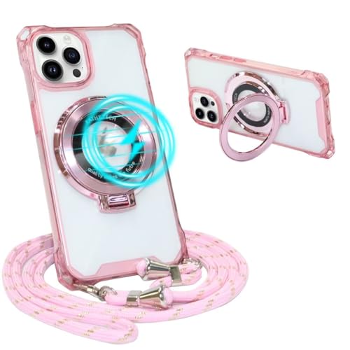 Belzsxy Magnetische Handykette für iPhone 16 Pro mit Band [Kompatibel mit Mag-Safe] Kameraschutz Galvanik Transparent Silikon Case Abnehmbar Kordel zum Umhängen Handyhülle Schutzhülle,Rosa von Belzsxy