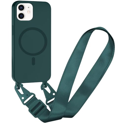 Belzsxy Silikon Magnetische Handykette für iPhone 12 Mini Necklace Hülle mit Band, Verstellbarer Halskette Handyhülle, Handyhülle für zum Umhängen,Case mit Schnur für iPhone 12 Mini,Dunkel grün von Belzsxy
