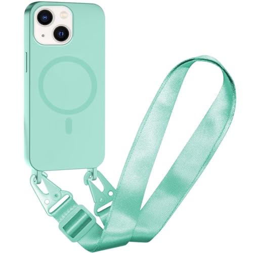 Belzsxy Silikon Magnetische Handykette für iPhone 15 Necklace Hülle mit Band, Verstellbarer Halskette Handyhülle, Handyhülle für zum Umhängen, Case mit Schnur für iPhone 15,Minz grün von Belzsxy