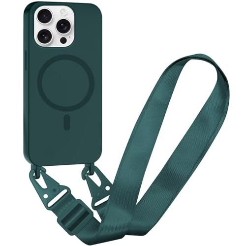 Belzsxy Silikon Magnetische Handykette für iPhone 15 Pro Max Necklace Hülle mit Band, Verstellbarer Halskette Handyhülle, Handyhülle für zum Umhängen,Case mit Schnur für iPhone 15 Pro Max,Dunkel grün von Belzsxy