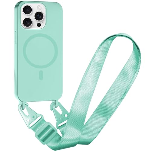 Belzsxy Silikon Magnetische Handykette für iPhone 16 Pro Necklace Hülle mit Band, Verstellbarer Halskette Handyhülle, Handyhülle für zum Umhängen, Case mit Schnur für iPhone 16 Pro,Minz grün von Belzsxy