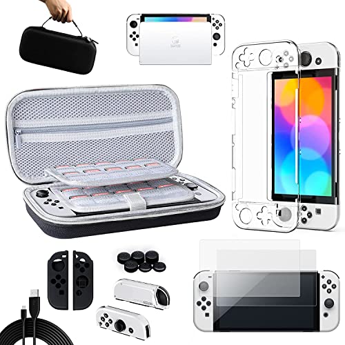 Benazcap Tasche & Schutzfolie für Nintendo Switch OLED, Nintendo Switch Zubehör Bundle mit Tasche,Schutzfolie, Transparent Hülle(Support Station,USB Kabel, Skins für Joy-Con,Joystick-Kappen von Benazcap